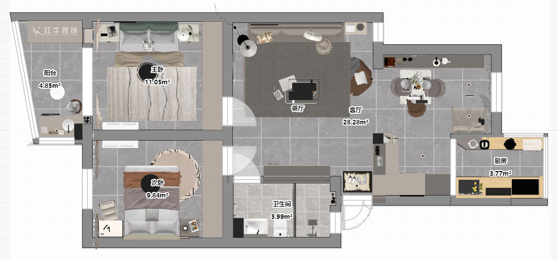 孟宪涛｜龙蟠花苑6-502-75㎡-现代简约风格｜3室1厅1卫｜老房装修｜定制家｜全包11万｜00_03平面彩图